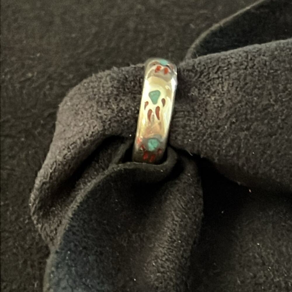 Sterling Silver Turquoise and Coral Bear Tracks Indian Ring Inlay